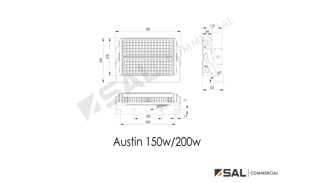 Austin LED Floodlight - 150-200 - Single line drawing