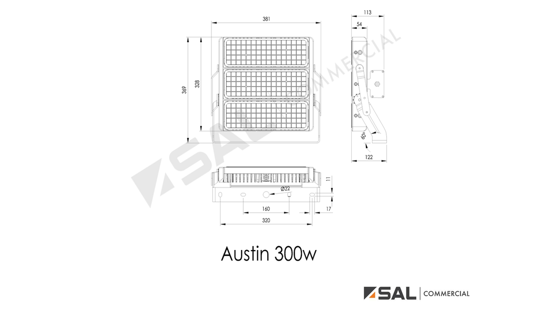 Austin LED Commercial Floodlight - 300w - Single line drawing