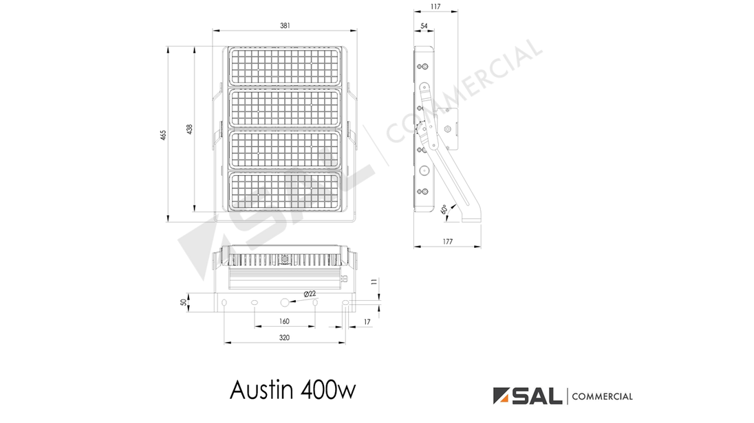 Austin LED Floodlight - 400w - Single line drawing