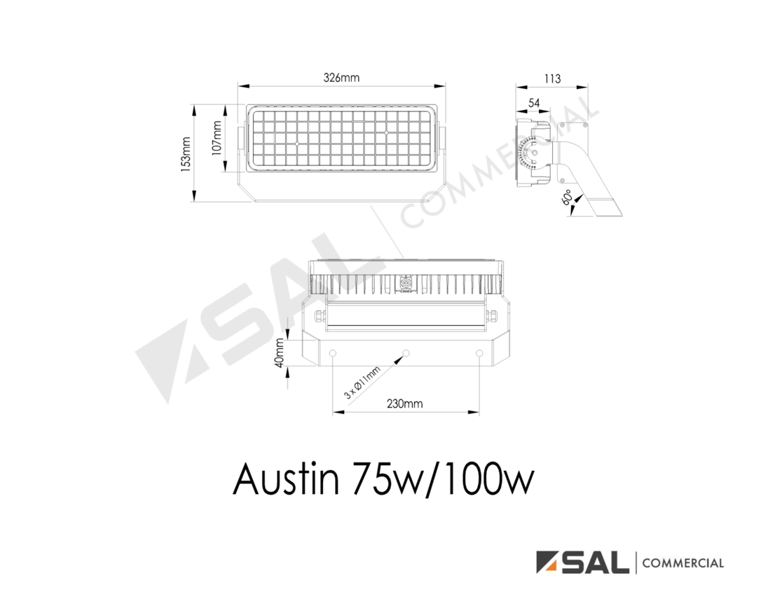 Austin LED Floodlight - 75-150 - Single line drawing